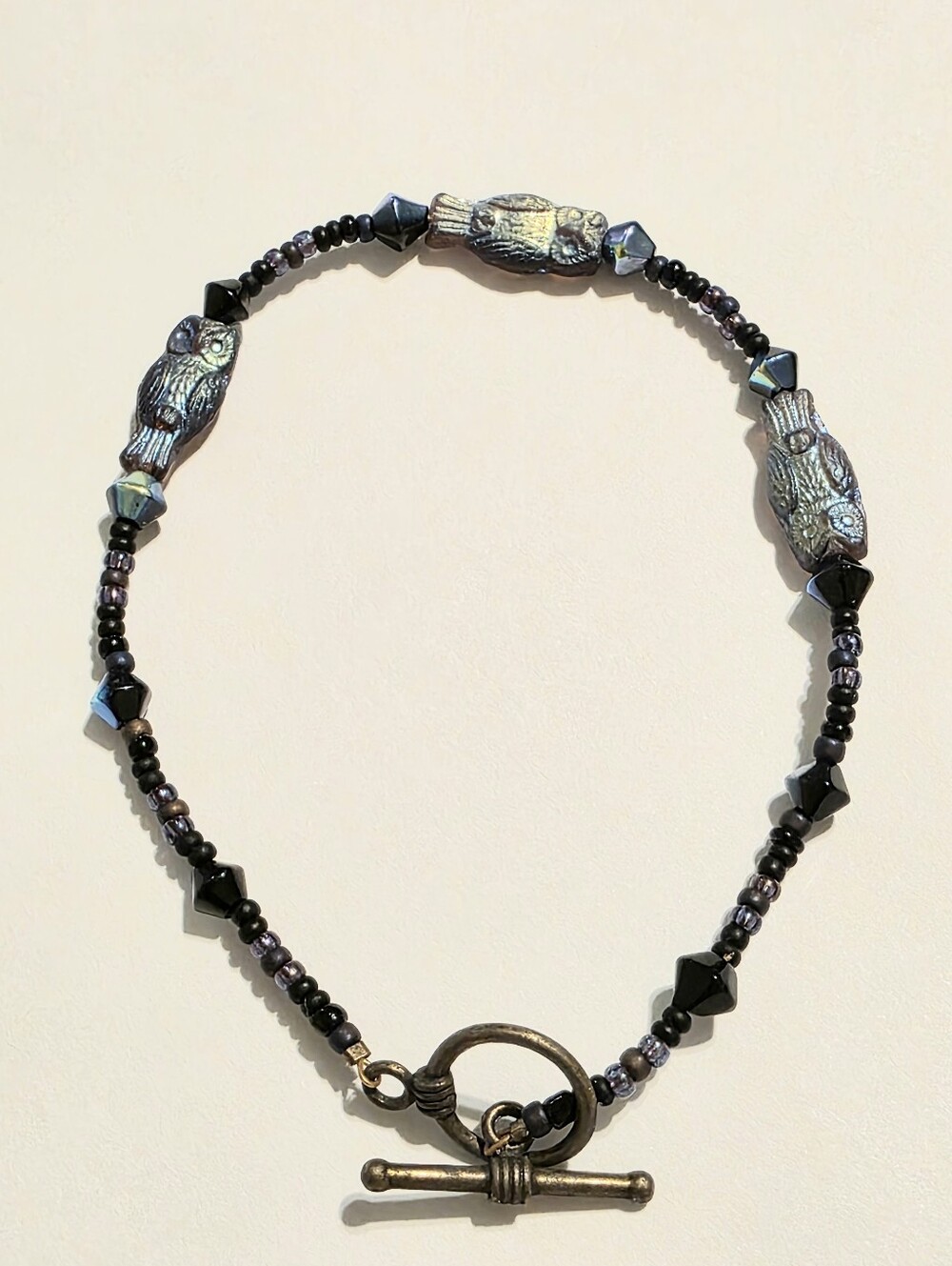 Czech Glass Owl Iridescent toggle clasp bracelet